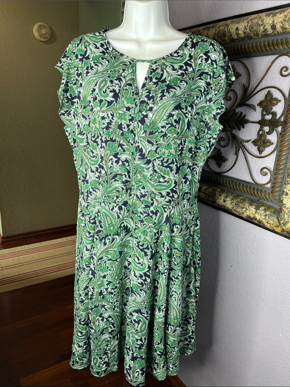 Banana Republic Navy and Green Paisley Fit-and-Flare Midi Dress Sz 14